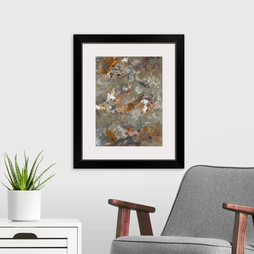 A modern room featuring Contemporary abstract image of paint splatters and drops on a canvas.