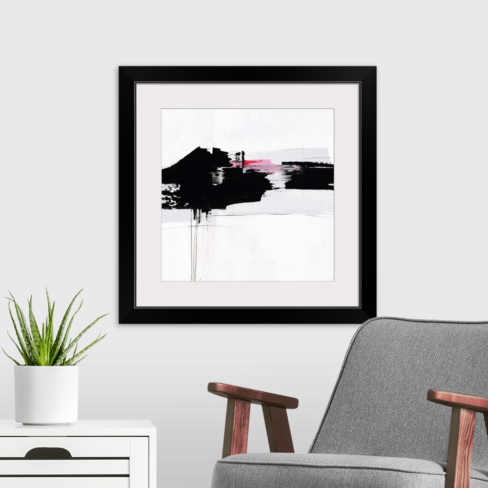 A modern room featuring Contemporary abstract painting using bold black swipes with hints of pink against a white surface.