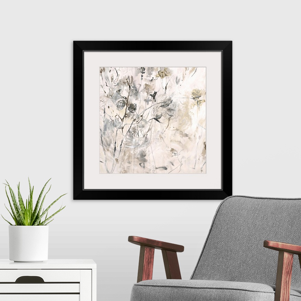 A modern room featuring Abstract painting in earth tones of various florals on thin stems and small twigs, on a light, ne...