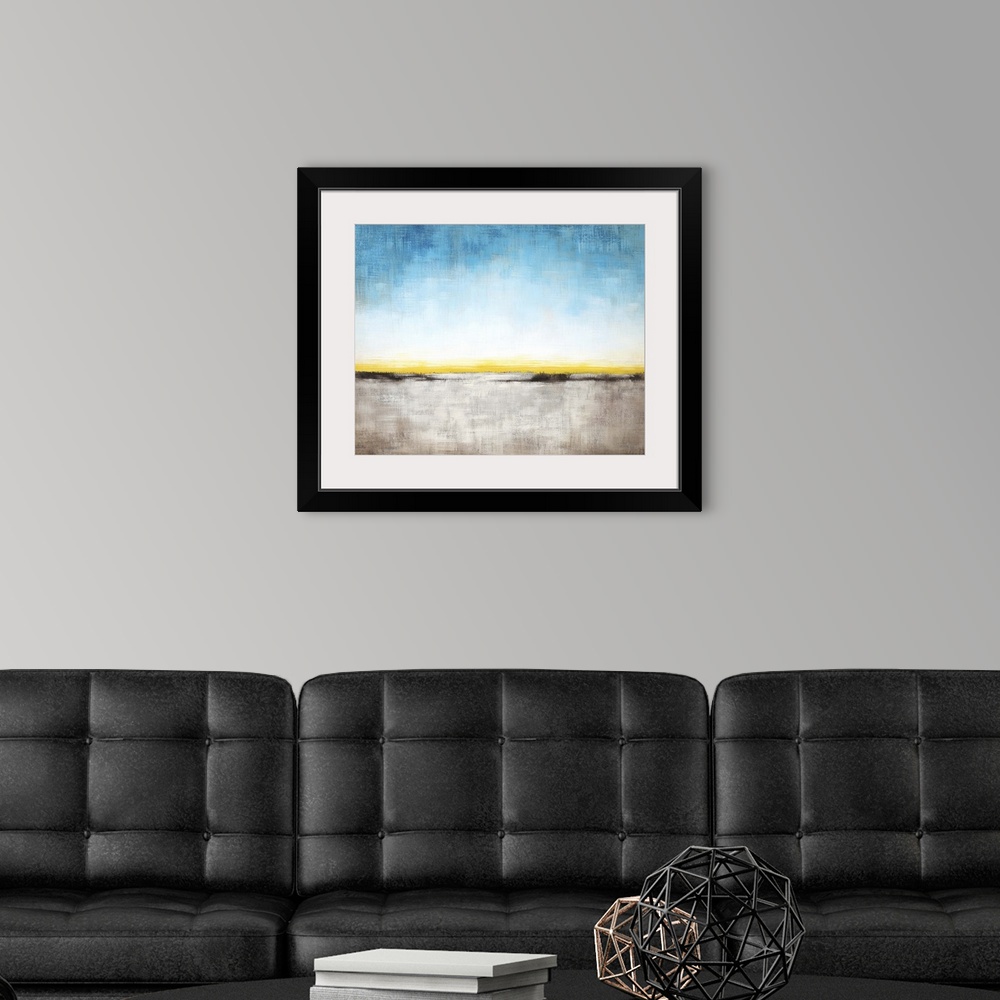 A modern room featuring Contemporary abstract painting of a landscape under a blue sky.