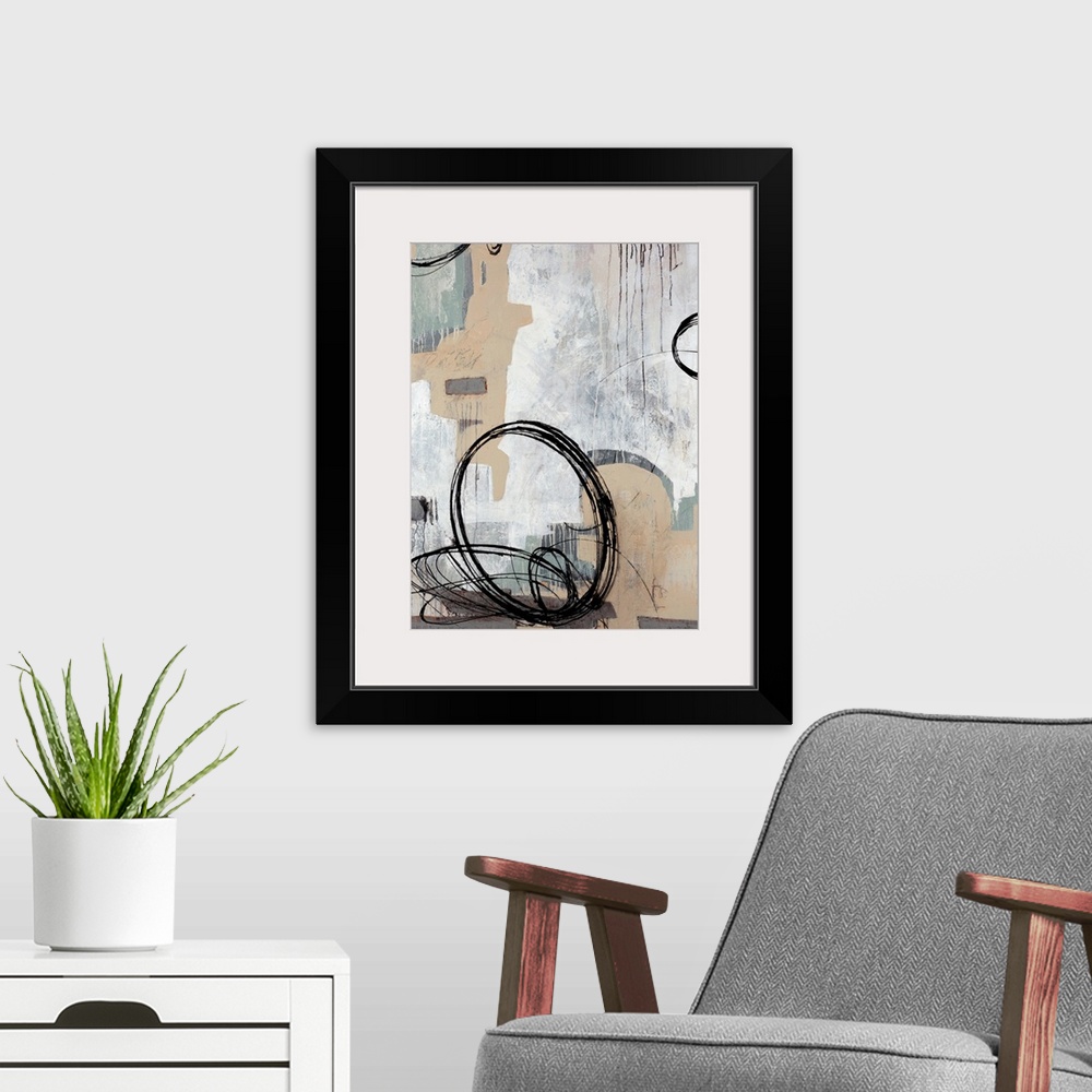 A modern room featuring Contemporary abstract painting with an urban feel, featuring dark circular shapes on a neutral an...