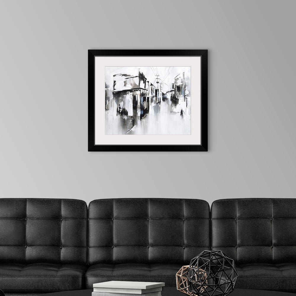 A modern room featuring An abstract landscape of a city street of stores and power lines.