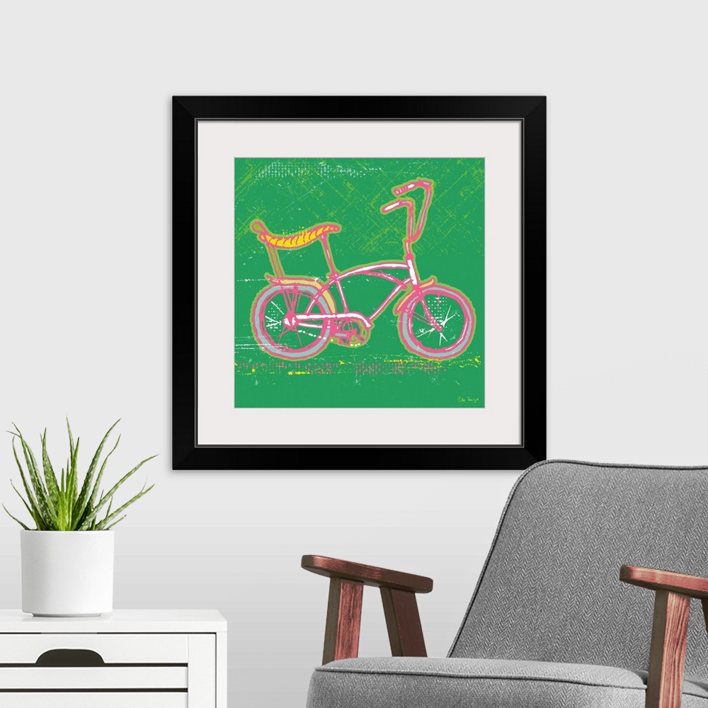 A modern room featuring 1970's retro style wall art of a stingray bicycle illustrated in pen and ink line.