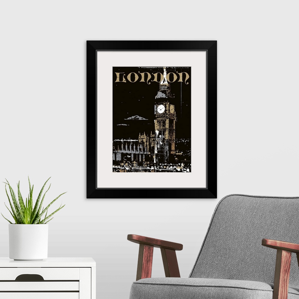 A modern room featuring Big Ben in London at night with the city aglow and vibrant with the typography London placed at t...
