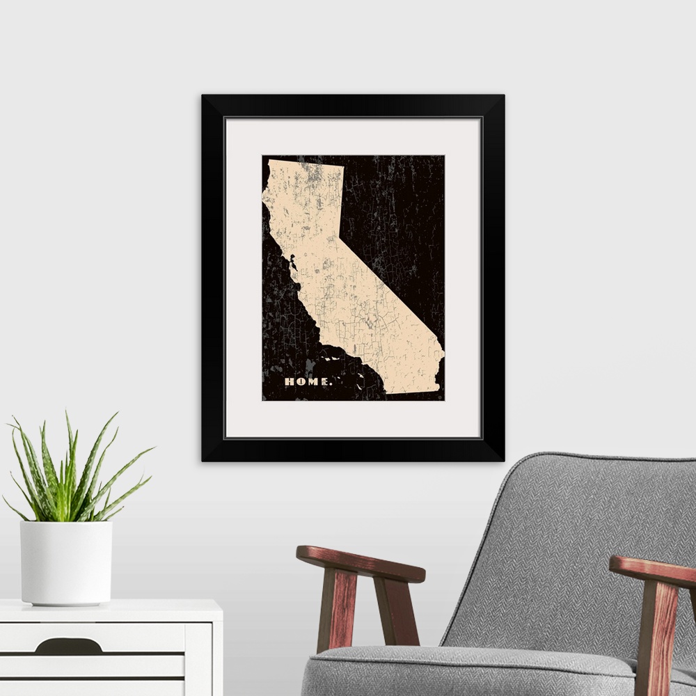 A modern room featuring Distressed wall art graphic art of the state of California with the word home in the lower left c...