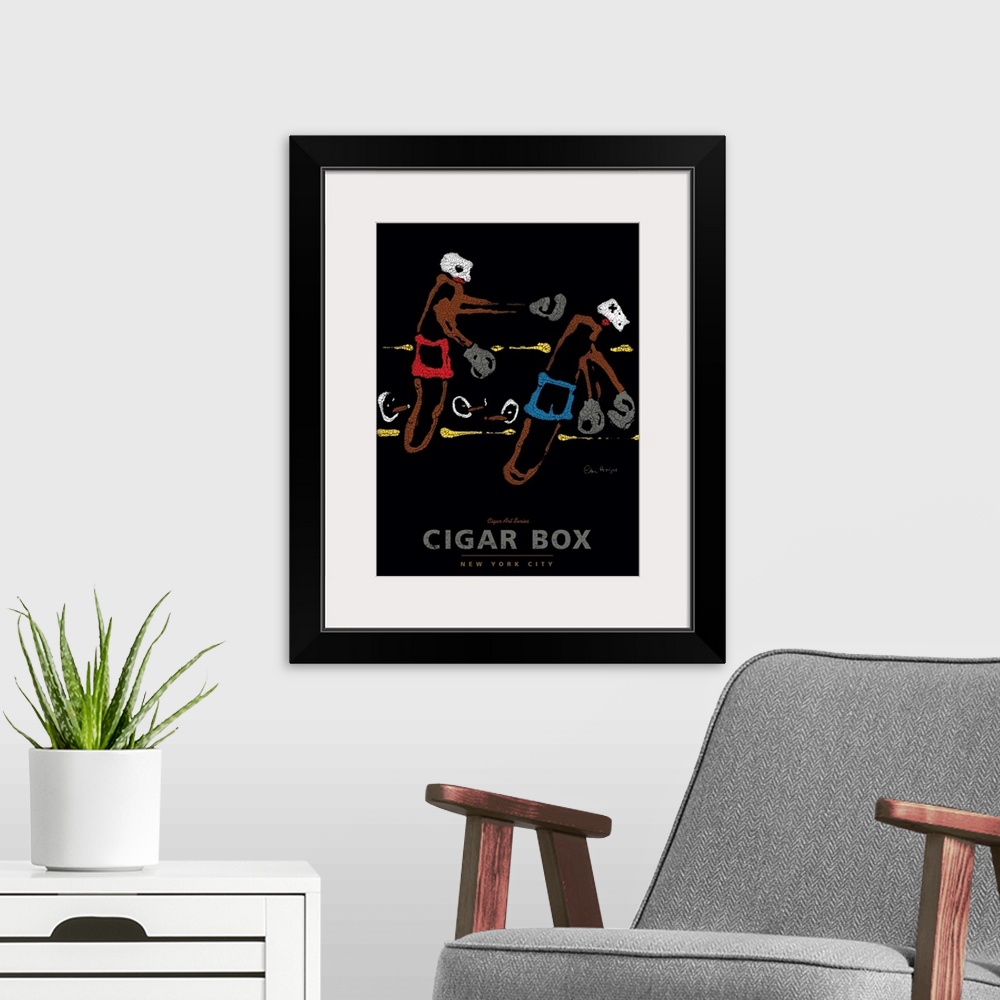 A modern room featuring Wall art cigar poster of two cigars boxing in a boxing ring with the words Cigar Box.