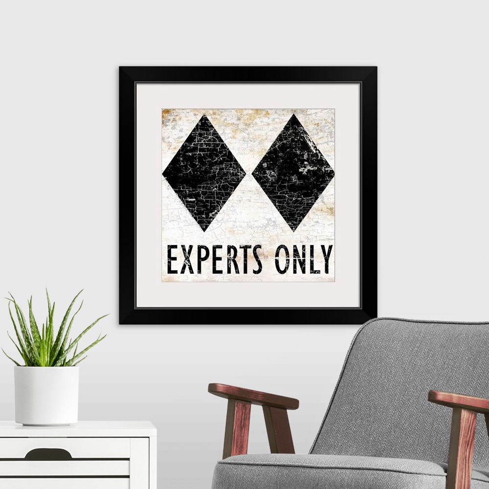 A modern room featuring A worn, distressed, cracked and rusty Experts Only ski sign.