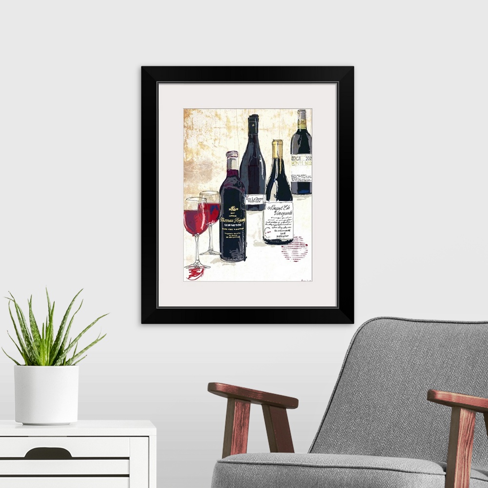 A modern room featuring Four bottles of wine and two glasses on a textured rust background.