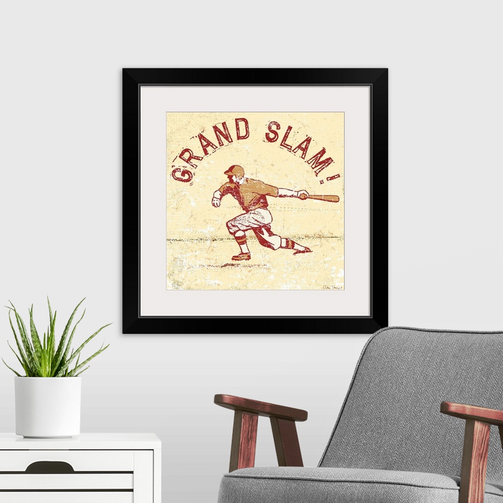 A modern room featuring Distressed retro logo image of a baseball player swinging a baseball bat with the words "Grand Sl...