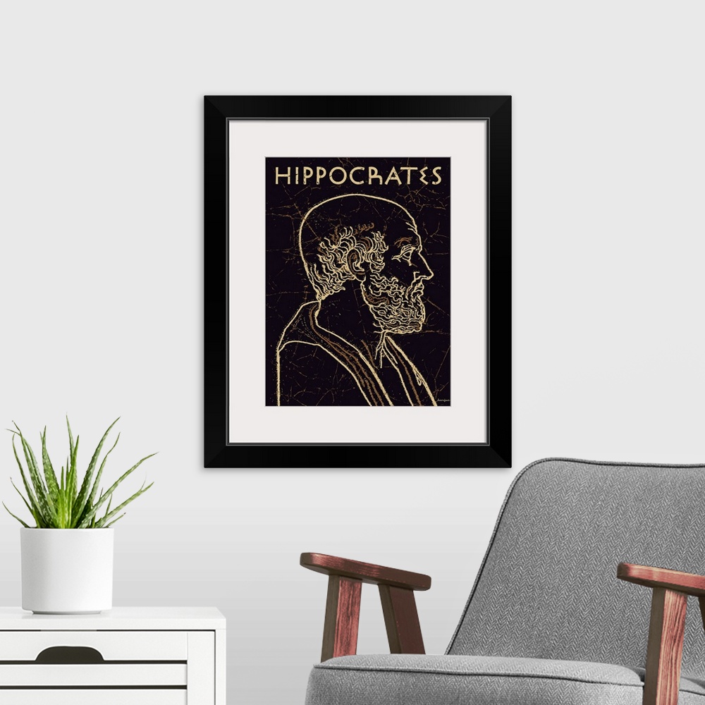 A modern room featuring Black and gold line art wall art of Hippocrates, the Greek physician, with the name Hippocrates a...