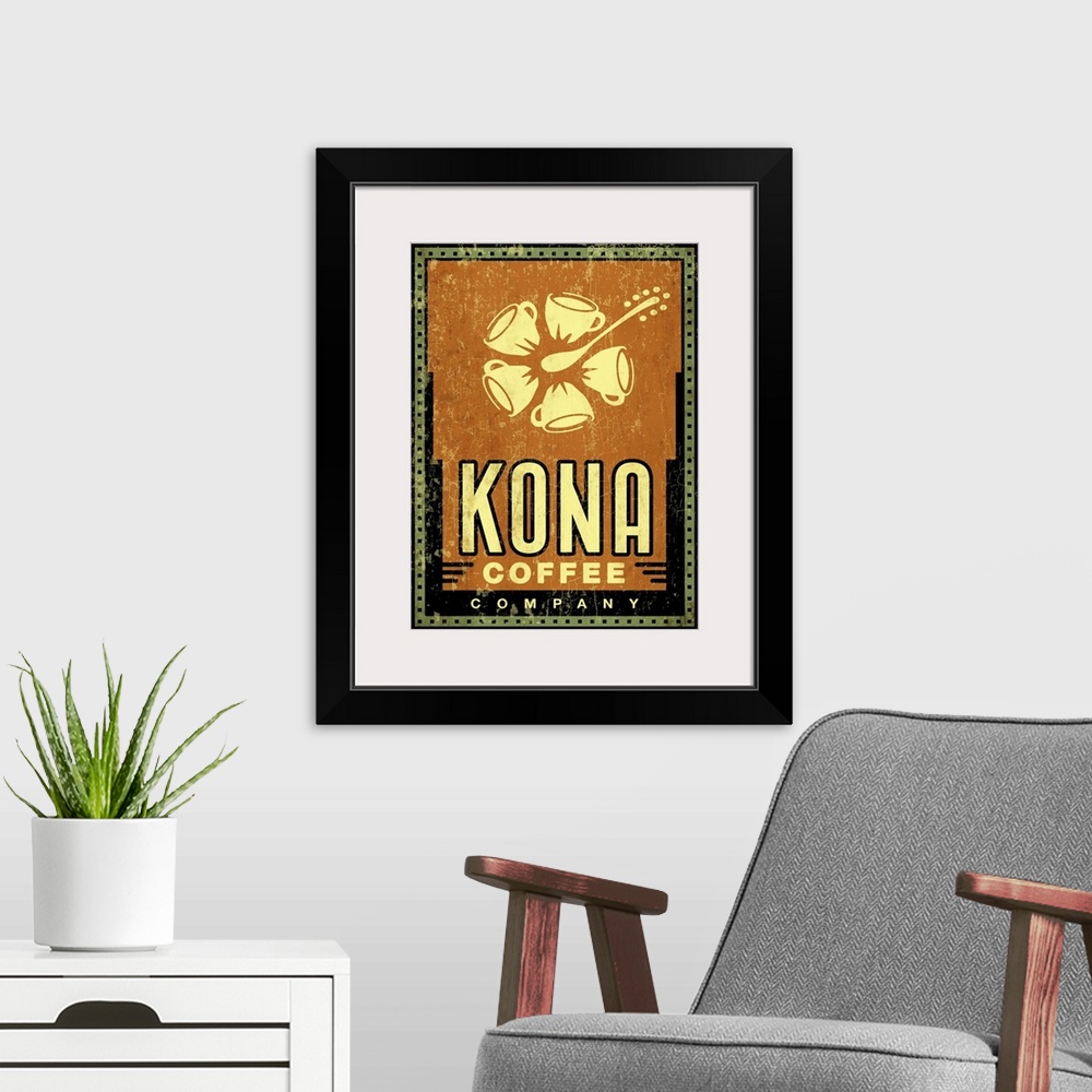 A modern room featuring A worn, distressed, and cracked kona coffee sign