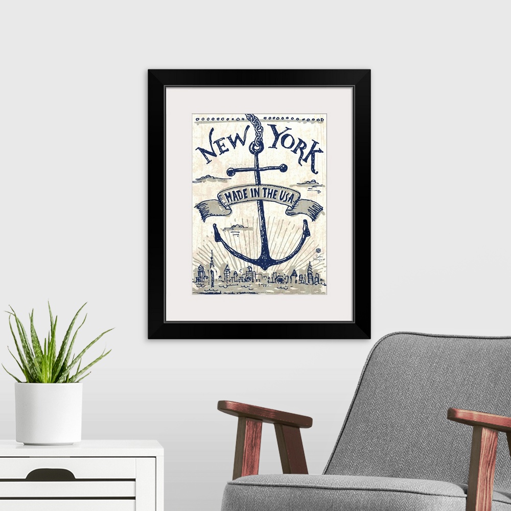 A modern room featuring Illustrated vintage, worn artwork of New York City's skyline, with an anchor and a ribbon that sa...