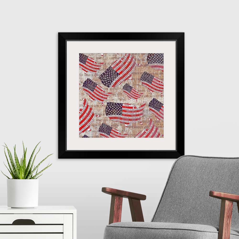 A modern room featuring Pen and Ink illustration of the American flag with the words of the Pledge of Allegiance hand-wri...
