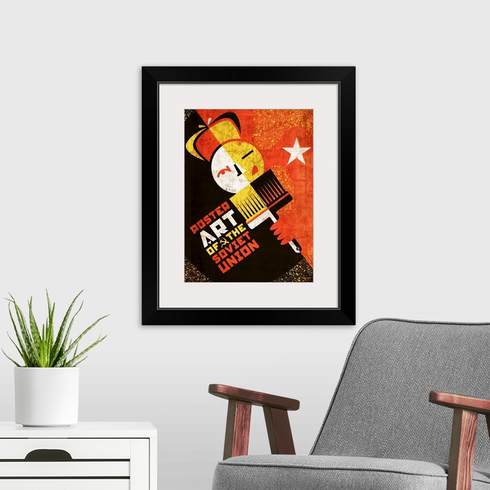 A modern room featuring Constructivist design of an image of a man wearing a russian hat holding a poster brush.