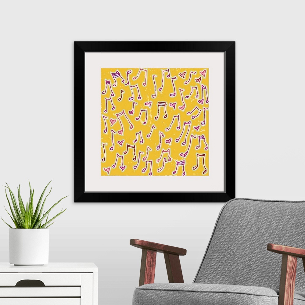 A modern room featuring A pattern of pen and ink illustrated musical notes on a yellow background.
