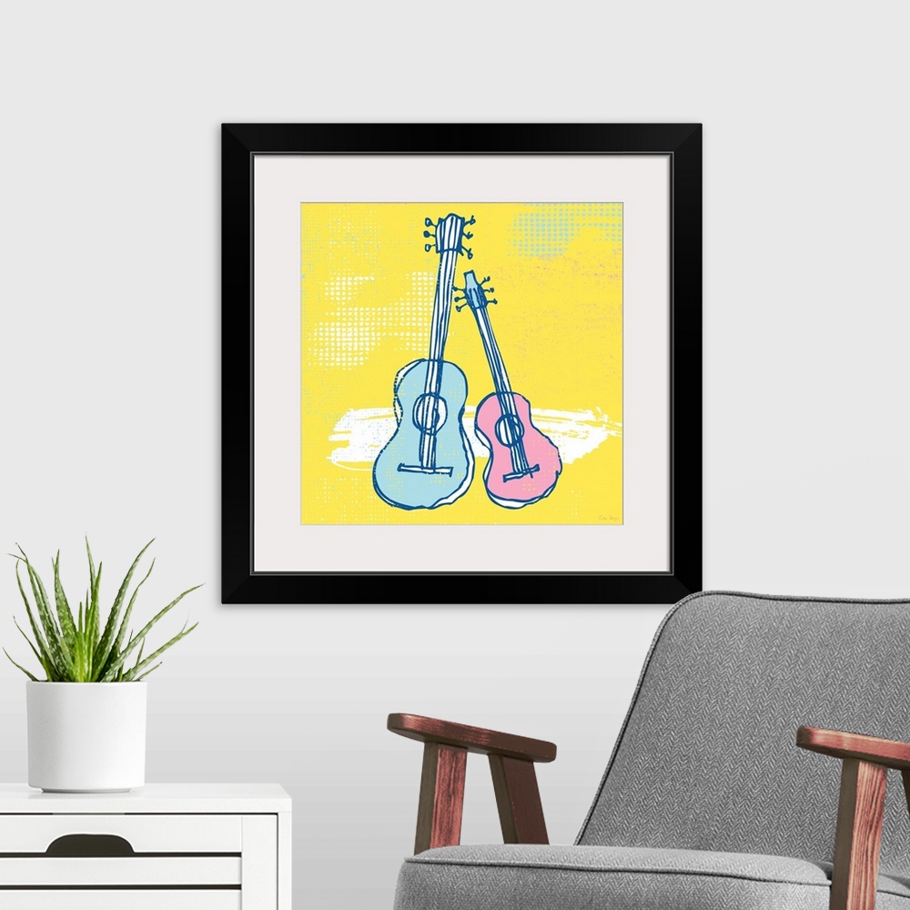 A modern room featuring Two pen and ink illustrated guitars leaning on each other on a pale yellow background.