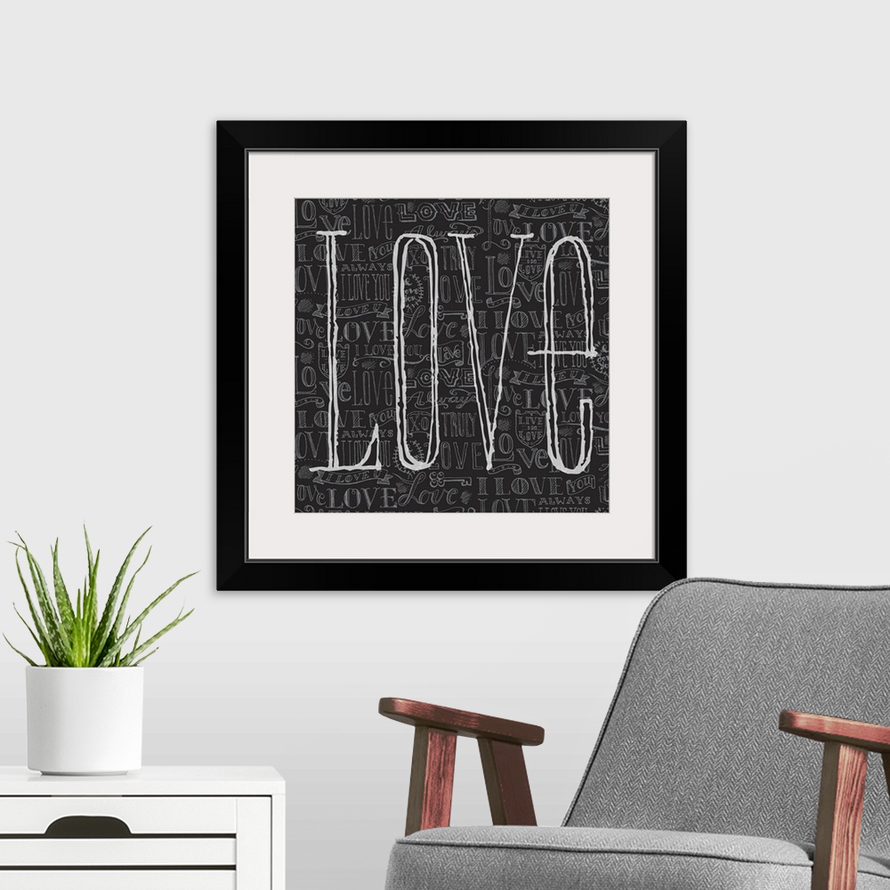 A modern room featuring Pen and ink handlettered illustration of love icons repeated on a black background with the word ...