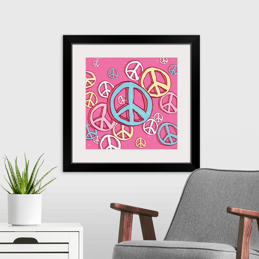 A modern room featuring A group of illustrated peace signs, from large to small peace signs on a pink background.