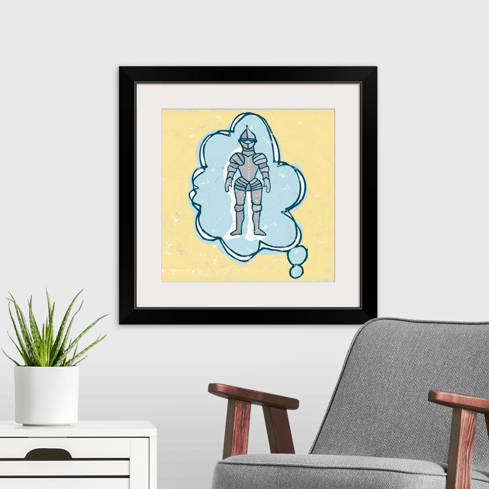 A modern room featuring A pen and ink illustrated knight in shining armor in a thought bubble.