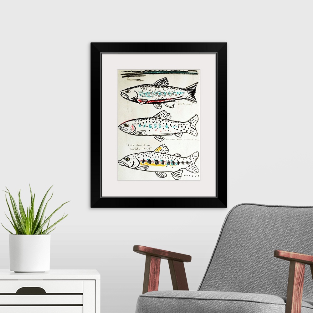 A modern room featuring Illustration line drawing of three different kinds of trout fish