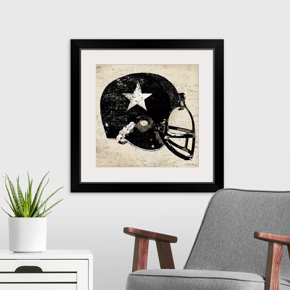 A modern room featuring Vintage style wall art of an old distressed football helmet on tan and sepia background.