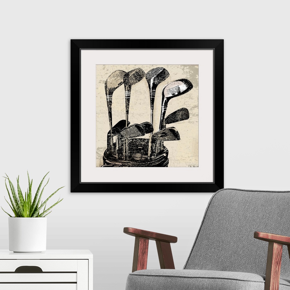 A modern room featuring Vintage style wall art of an old distressed golf clubs on tan and sepia background.