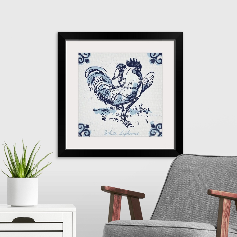 A modern room featuring White leghorn chickens with typography in dutch blue