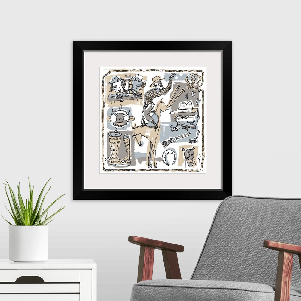 A modern room featuring Rodeo scene of cowboy riding wild horse with cowgirls looking on and guns and bulls in the backgr...
