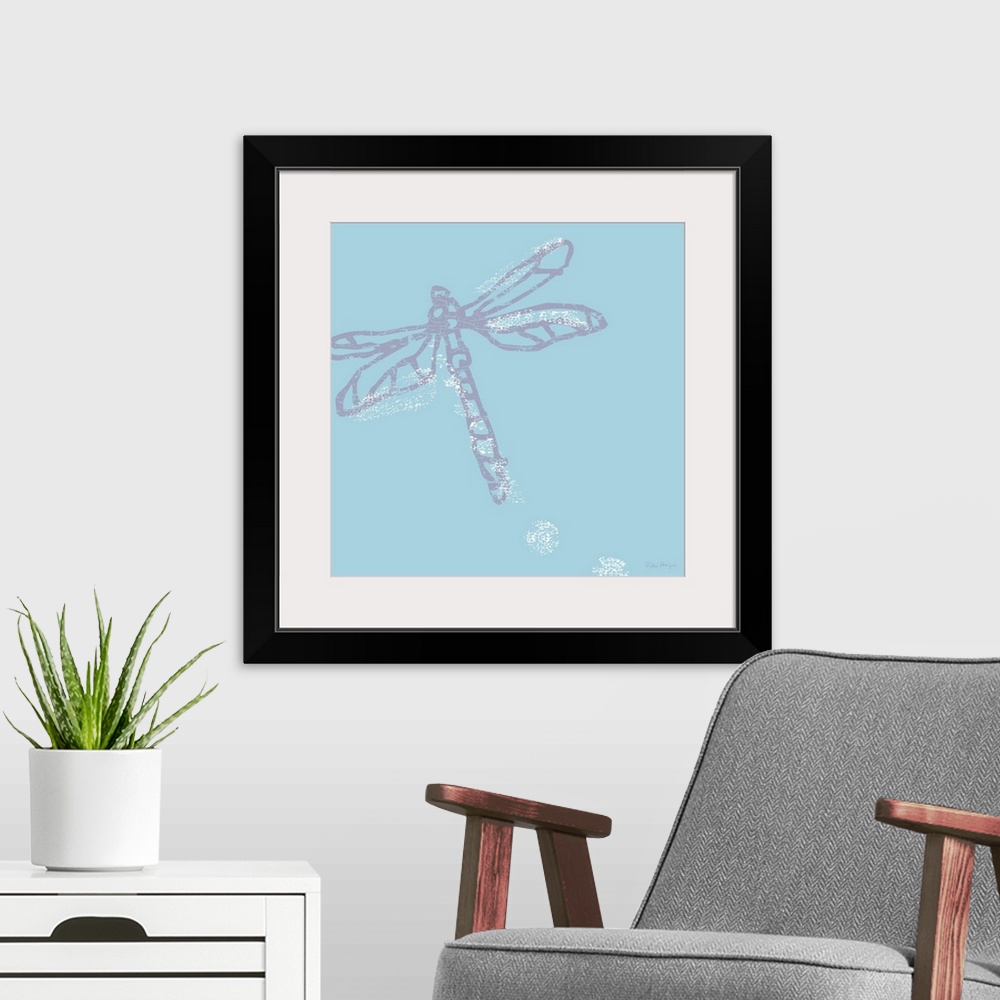 A modern room featuring Zooming violet butterfly depicted in a simple minimalist art fashion on a solid light blue backgr...