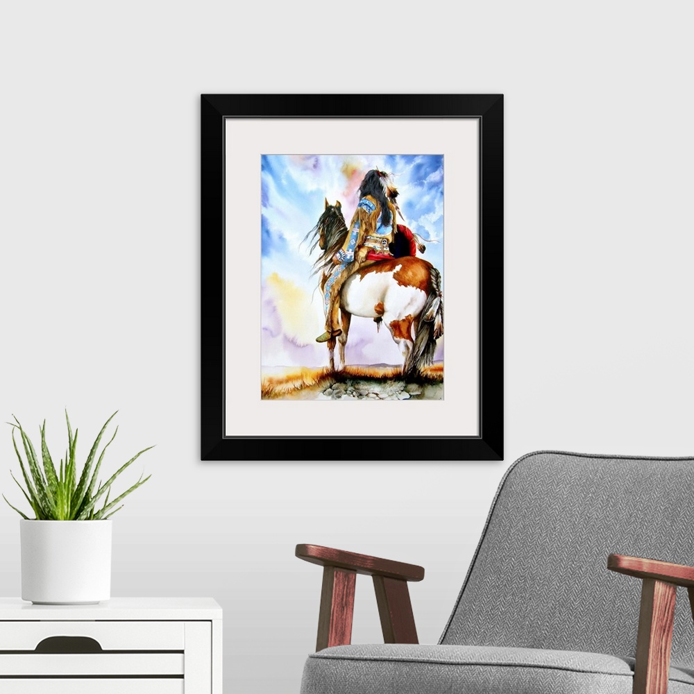 A modern room featuring A warrior pauses aboard his pinto pony to survey the country ahead.