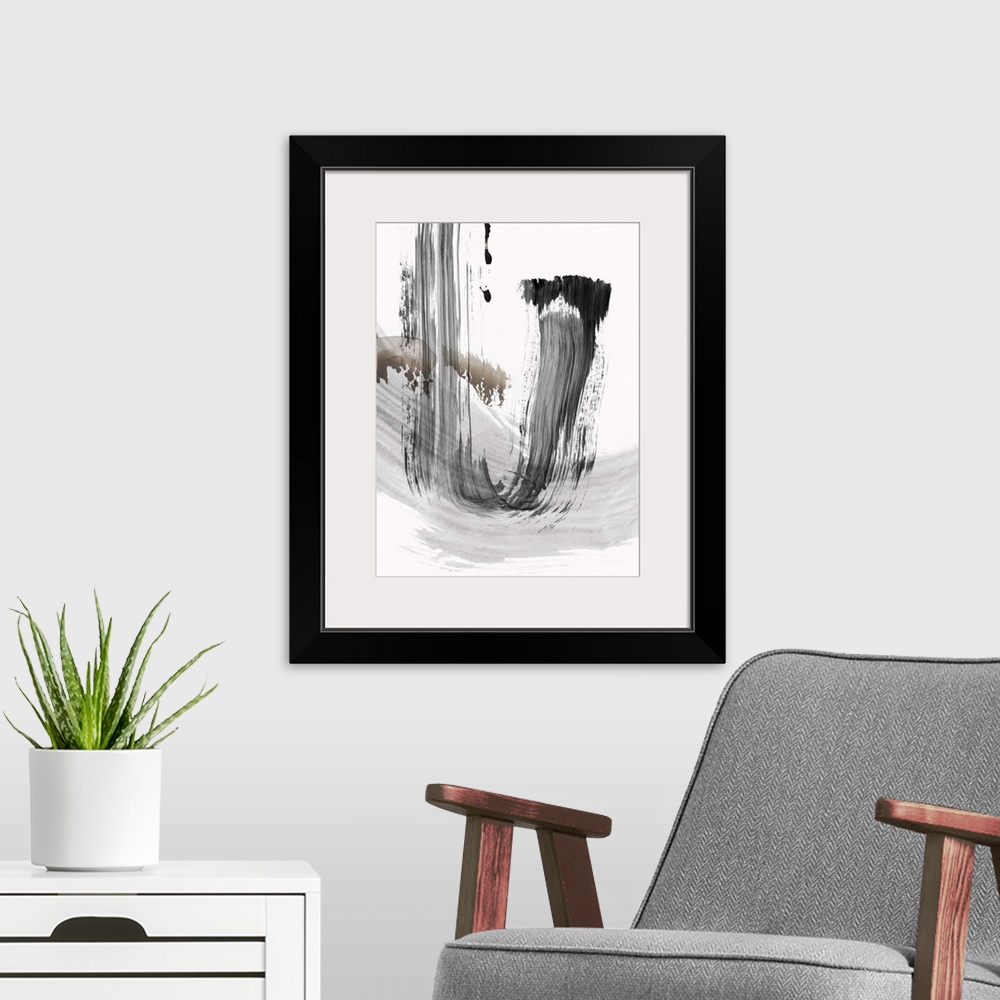 A modern room featuring vertical abstract painting with brush strokes of gray and black.