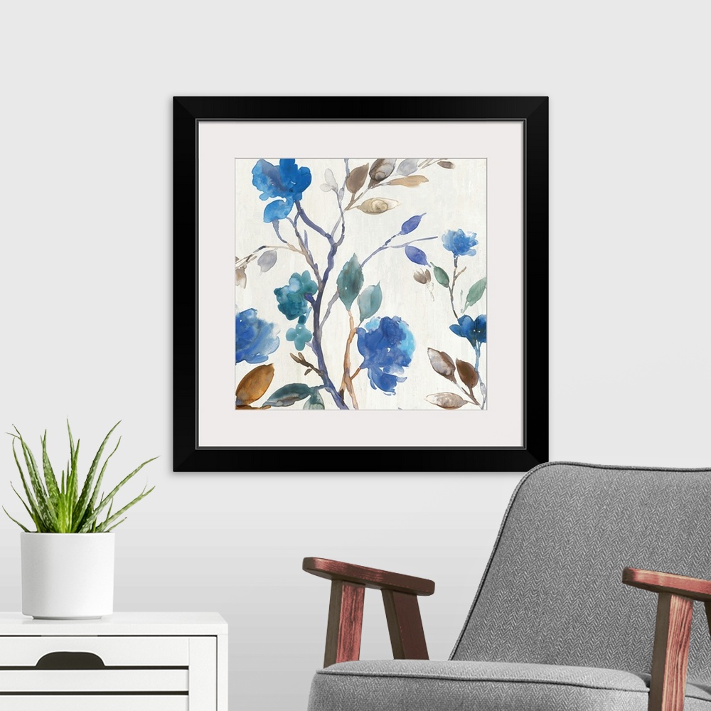 A modern room featuring Watercolor decorative artwork of blue flowers with brown and pale green leaves on an off-white ba...
