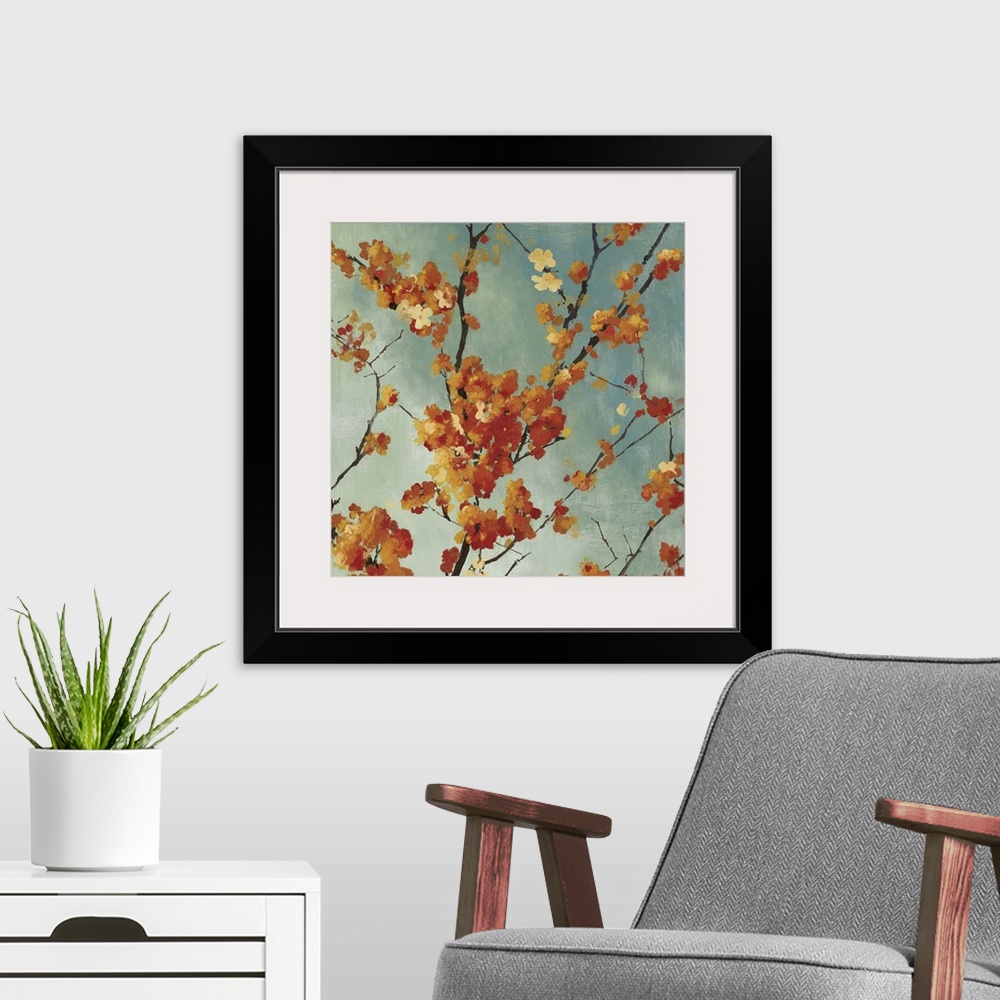 A modern room featuring Contemporary painting of a autumn foliage blossoming on the branches of a tree.