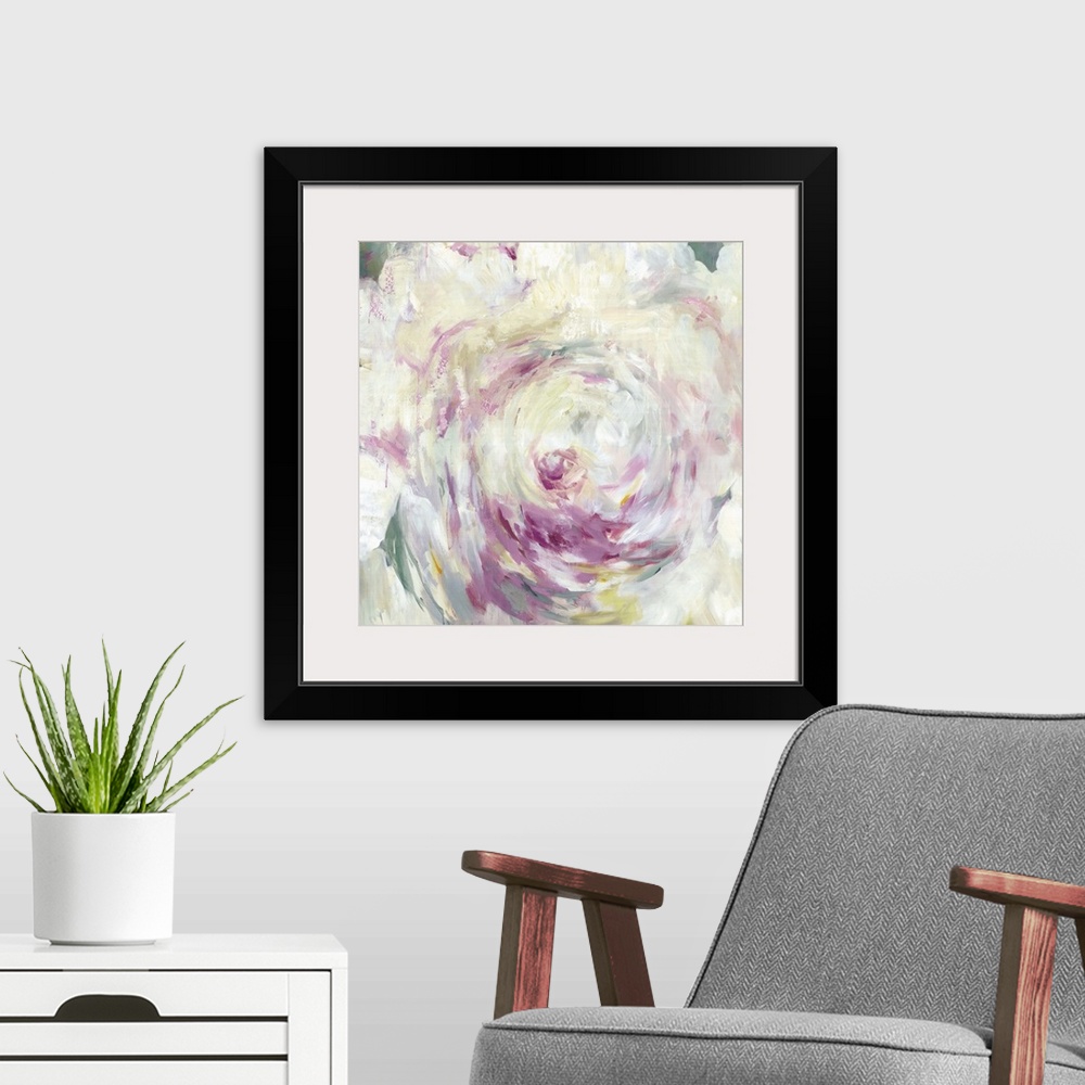A modern room featuring Contemporary home decor artwork of soft colorful flowers close-up.