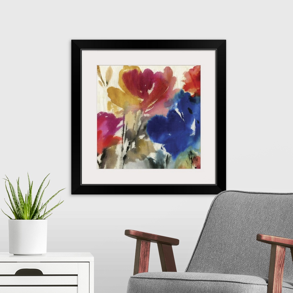 A modern room featuring Contemporary watercolor home decor artwork of flowers against a neutral background.