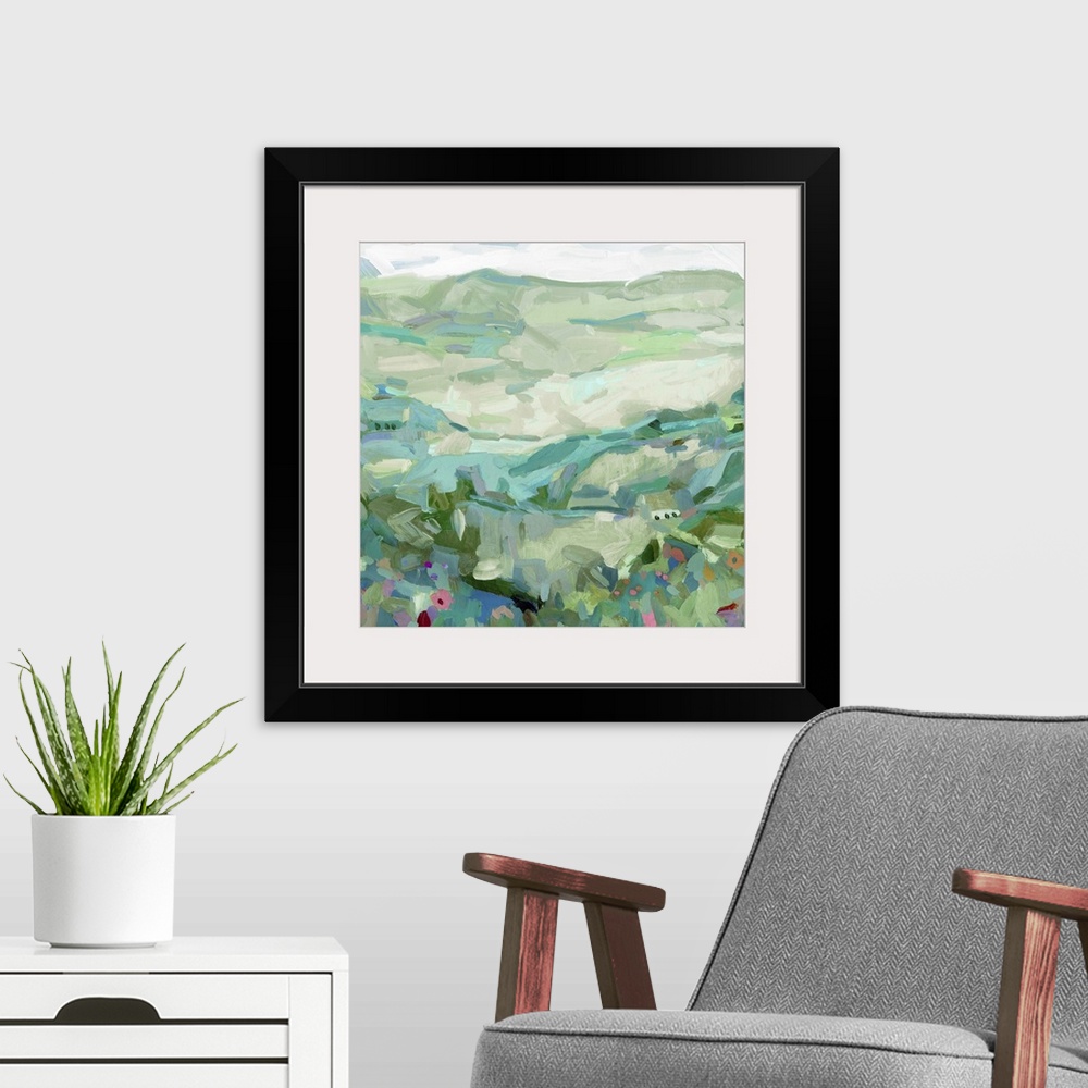 A modern room featuring Contemporary landscape painting of a hillside with wildflowers.