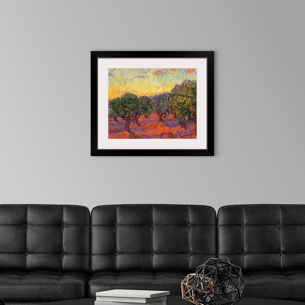 A modern room featuring Painting of tree filled meadow.