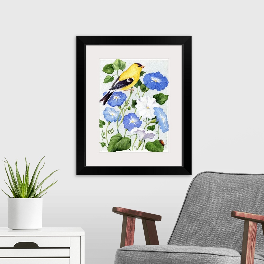 A modern room featuring Goldfinch and Morning Glories
