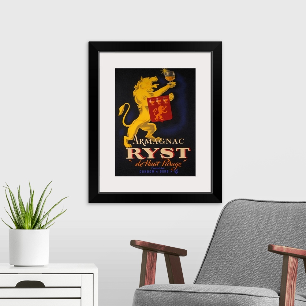 A modern room featuring Vintage advertising poster with a lion standing on hind legs and with a glass of wine in one paw ...