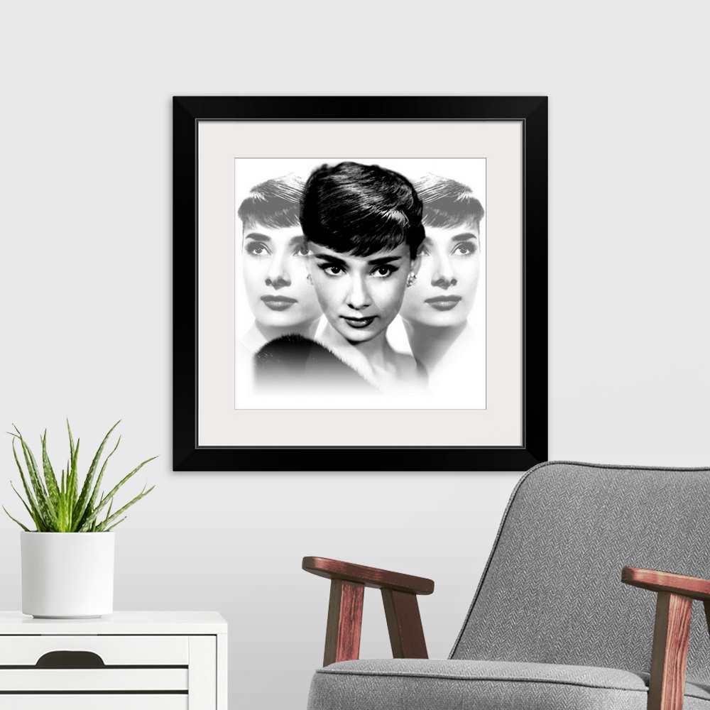 A modern room featuring Square photograph of Audrey Hepburn from the shoulders up, mirrored on both sides.