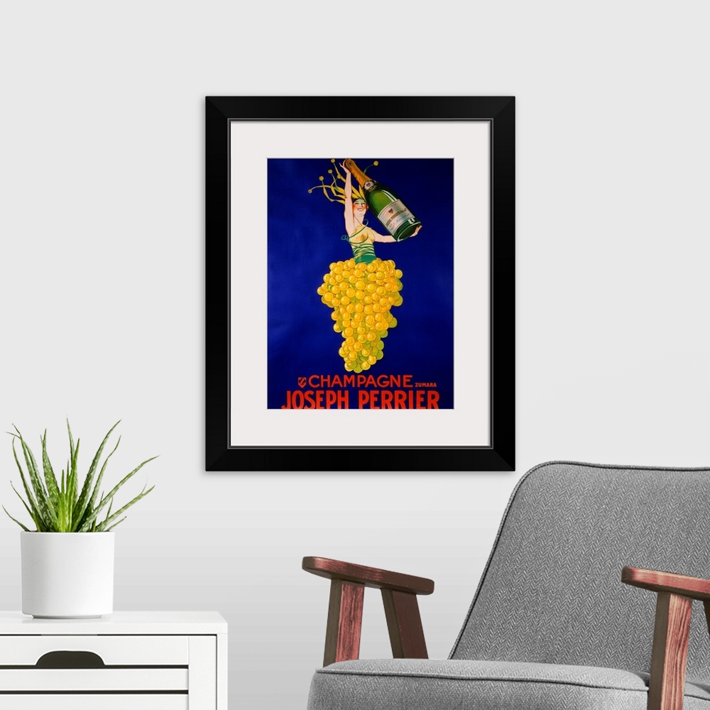 A modern room featuring This large vintage poster shows a person in a bushel of grapes holding a large champagne bottle. ...