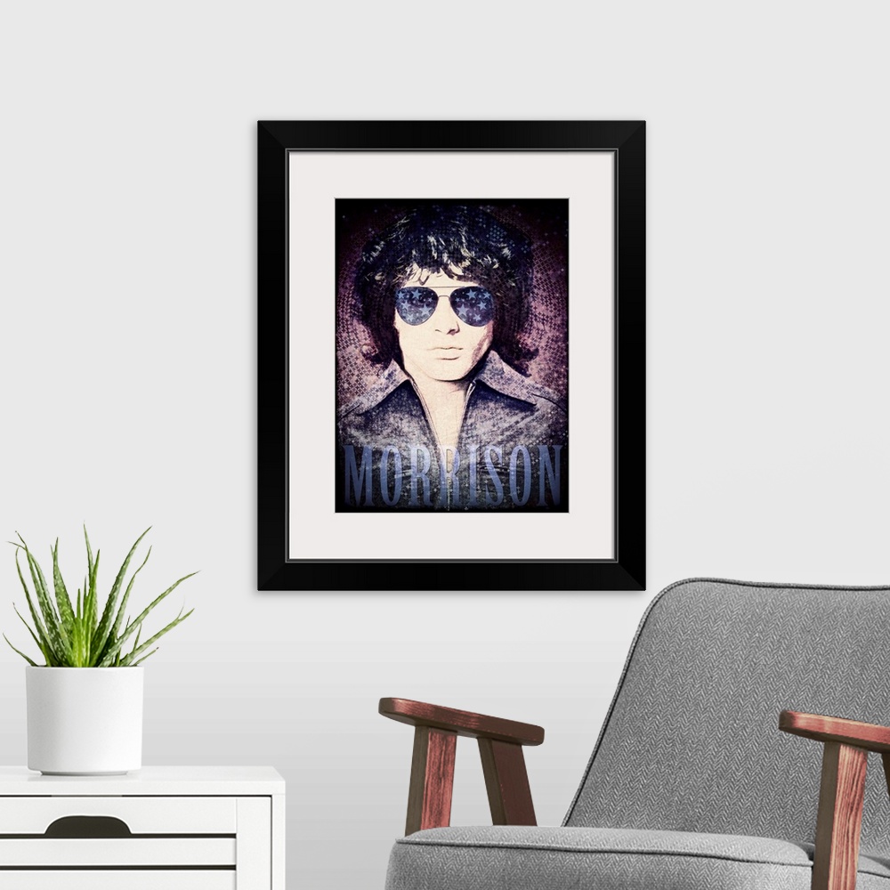 A modern room featuring Jim Morrison wearing sunglasses reflecting stars on a psychedelic background with 'Morrison' writ...