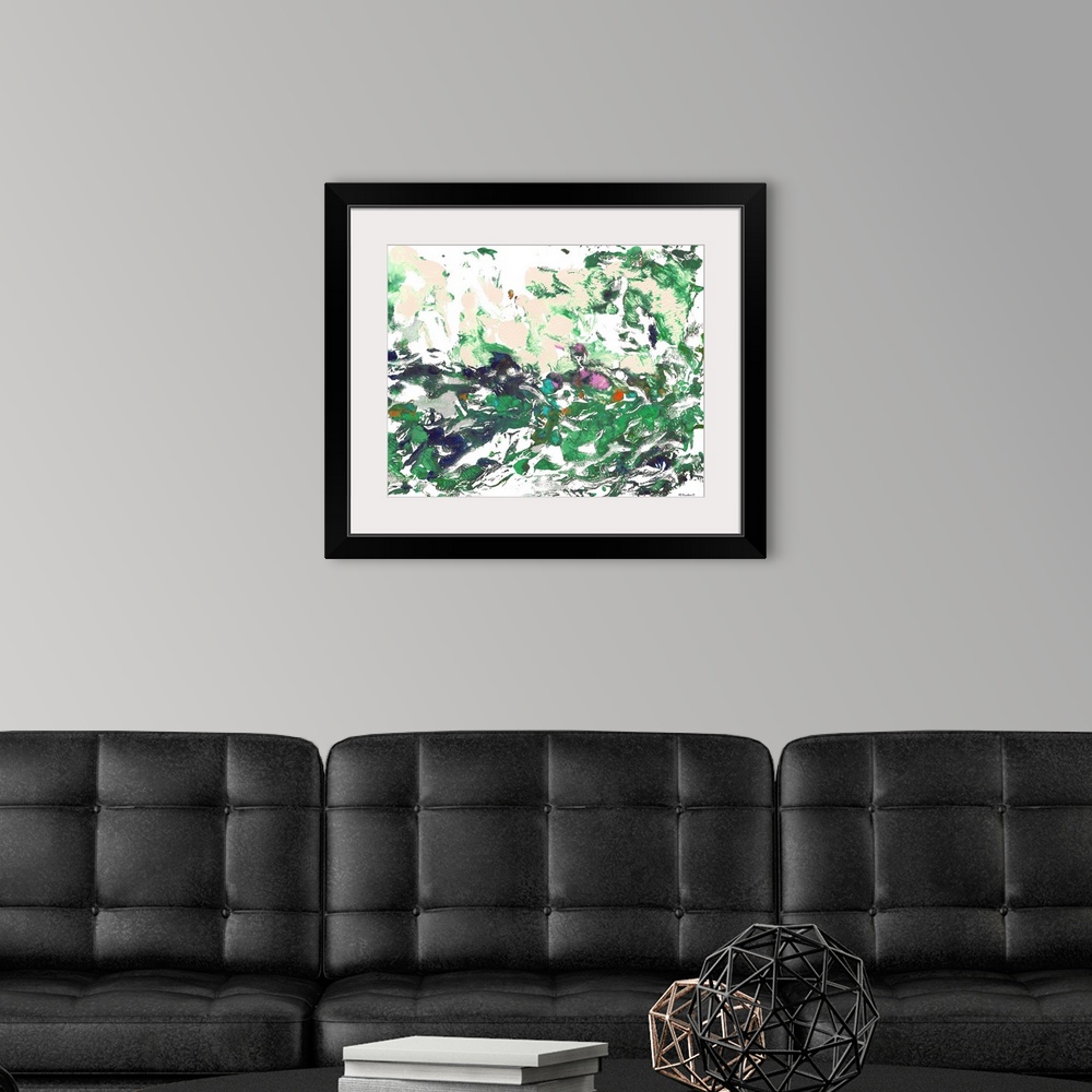 A modern room featuring Pink and Green Gardens by RD Riccoboni, an abstract painting.