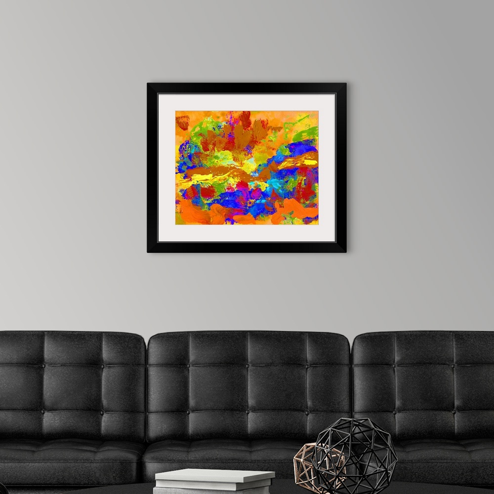 A modern room featuring Abstract painting Palm Springs Swagger by RD Riccoboni. Orange, blue, yellow, green and reds in a...