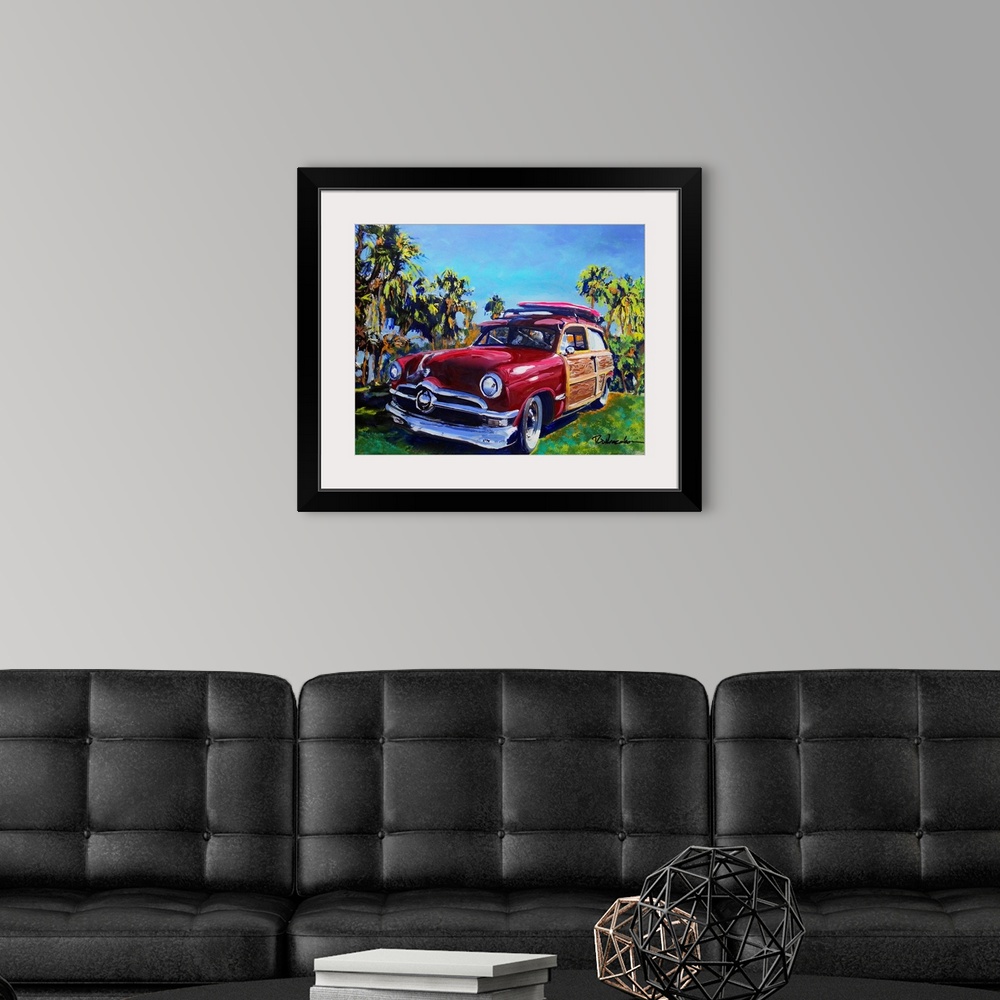 A modern room featuring The classic California Woodie car, painting by Rd Riccoboni.