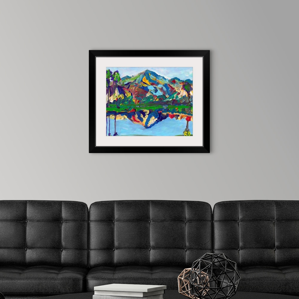 A modern room featuring Palm Springs San Jacinto Reflection, abstract desert landscape painting by RD Riccoboni. Blues, g...