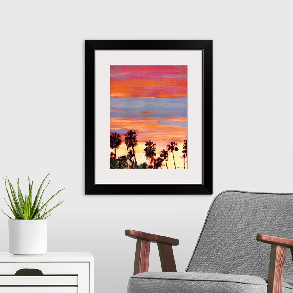 A modern room featuring Silver Sunset San Diego by RD Riccoboni. Palm trees set against a vivid pink silver yellow and or...