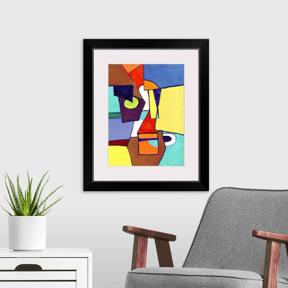 A modern room featuring Simple Abstract Thoughts. Cubist geometric style experimental painting by RD Riccoboni