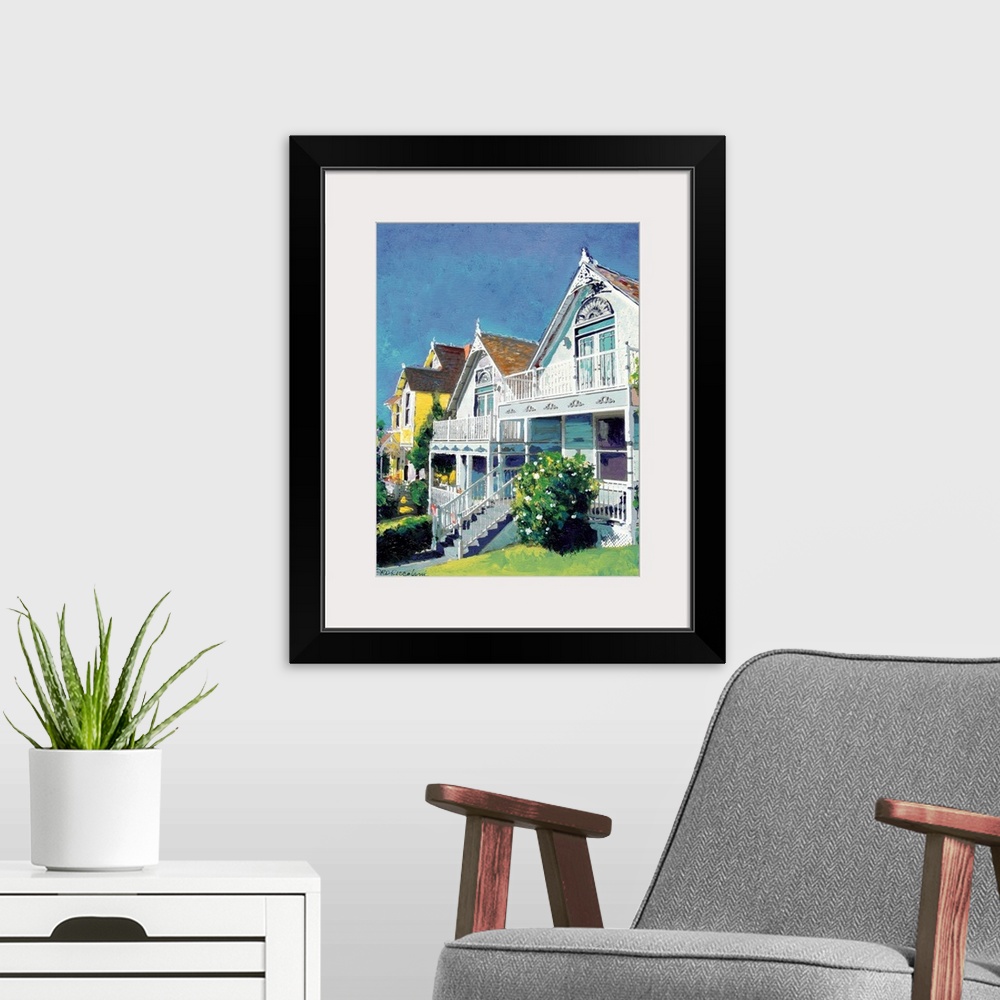 A modern room featuring Victorian cottages scene on Fir Street in the neighborhood of Bankers Hill San Diego California.