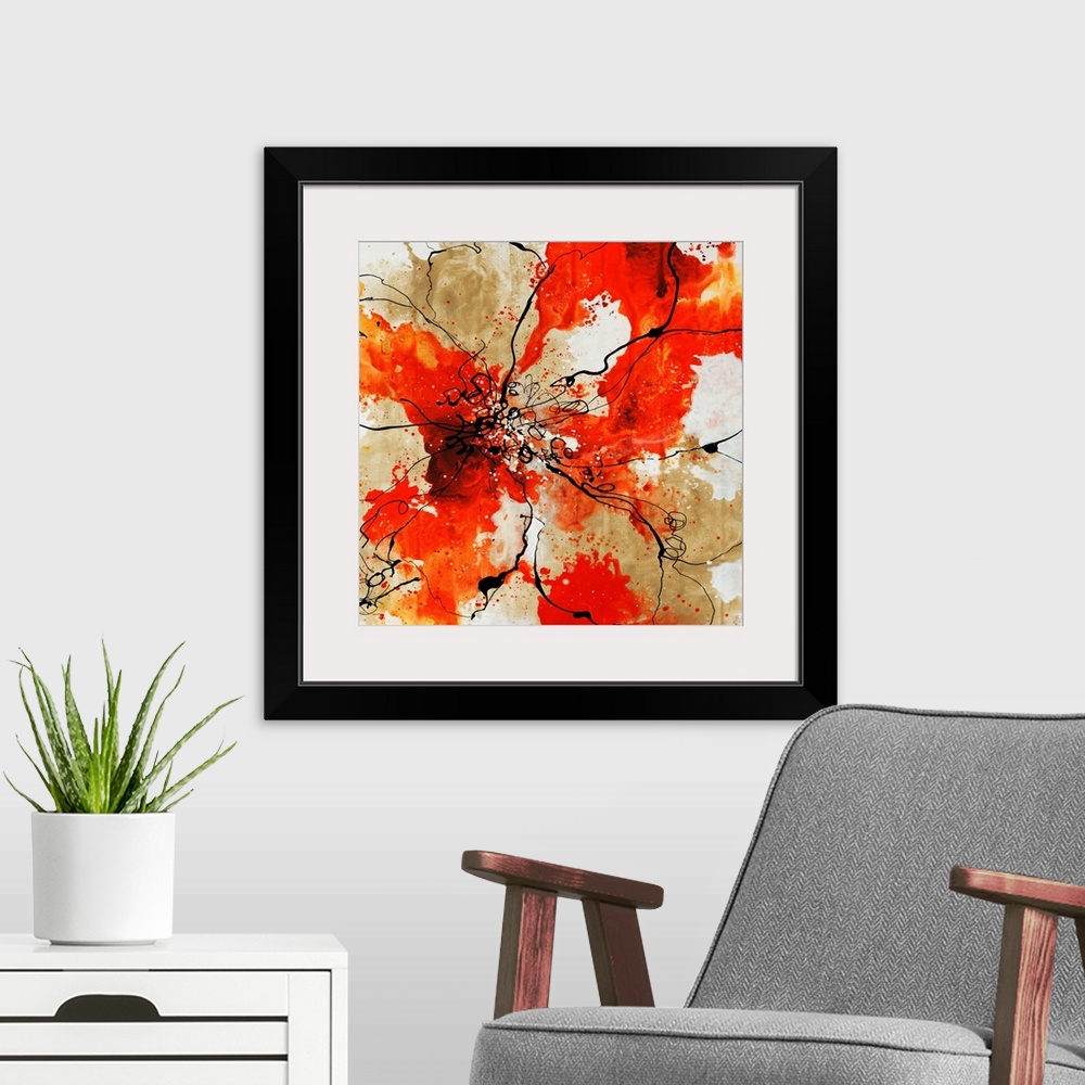 A modern room featuring Outline of flower over a watercolor background painting in various shades of red and orange.